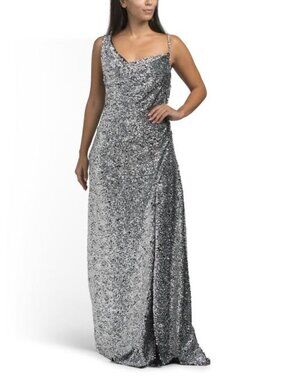 AREA Crystal Strap Sequin Gown